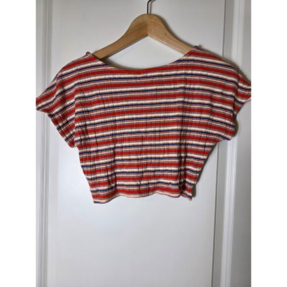 VOLCOM Red Orange Blue Ribbed Retro Sporty Active Crop Top Tee SZ S - Picture 2 of 8